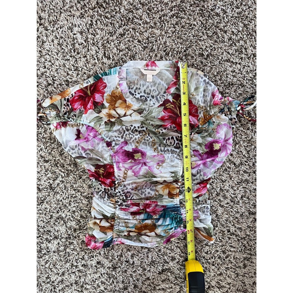 Guess Women Floral Leopard Mesh Ruched Short Sleeve Top XS W3YP05 KBAH2 - Picture 6 of 7